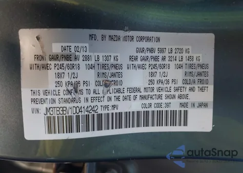 2013 Mazda Cx-9 Sport from USA, damaged, VIN JM3TB3BV1D0414242